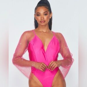 Hot pink mesh rhinestone sleeve bodysuit
